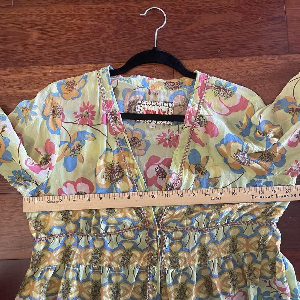 Johnny Was Floral V-Neck Top Blouse Y2K Whimsy Boho Artsy Women's Sz L B5 - Picture 7 of 10
